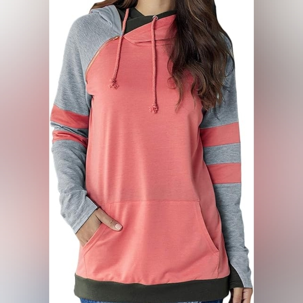 Amazon Hoodie Happy Sailed Colorblock Striped Coral Orange Gray Choco Brown L
